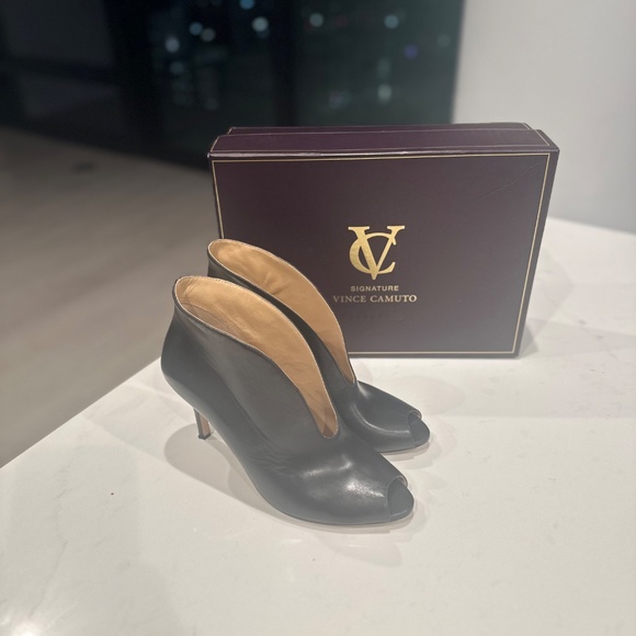 Vince Camuto Signature Black Leather Peep-Toe Booties - Picture 2 of 9